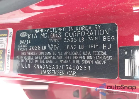 2014 Kia Rio Ex z USA, uszkodzony, nr VIN KNADN5A37E6410353